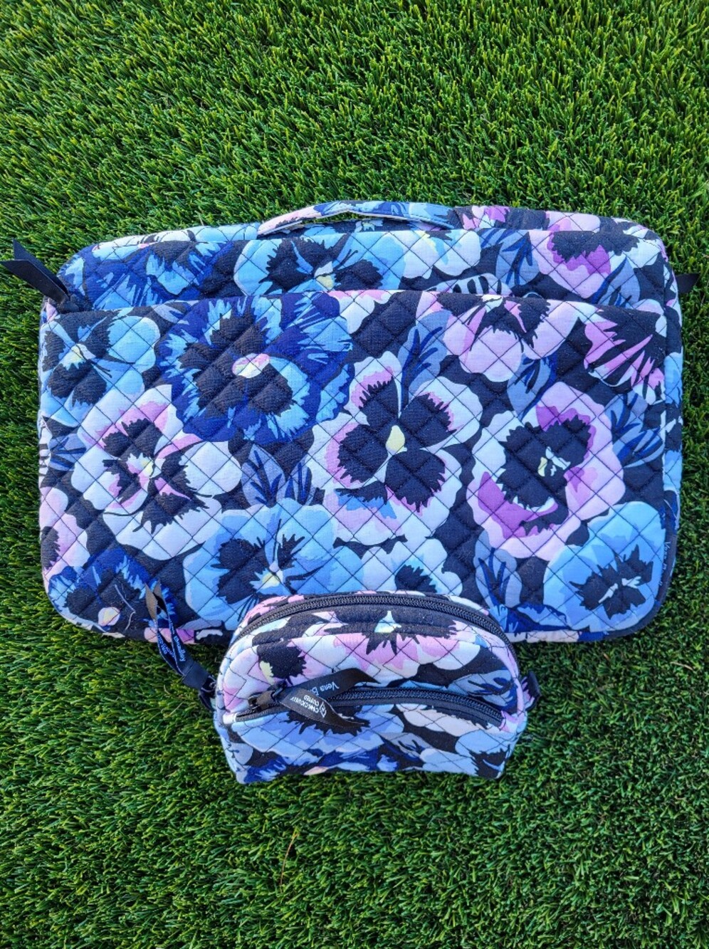Vera Bradley Quilted Plum Pansies Laptop And Cosmetic Bag In Blue & Purple